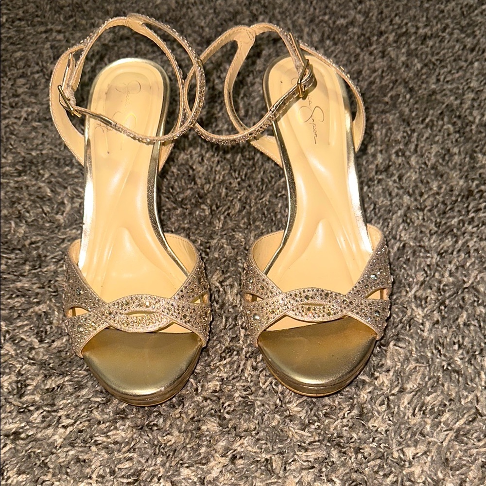 Jessica Simpson Gold Heels with Ankle Strap